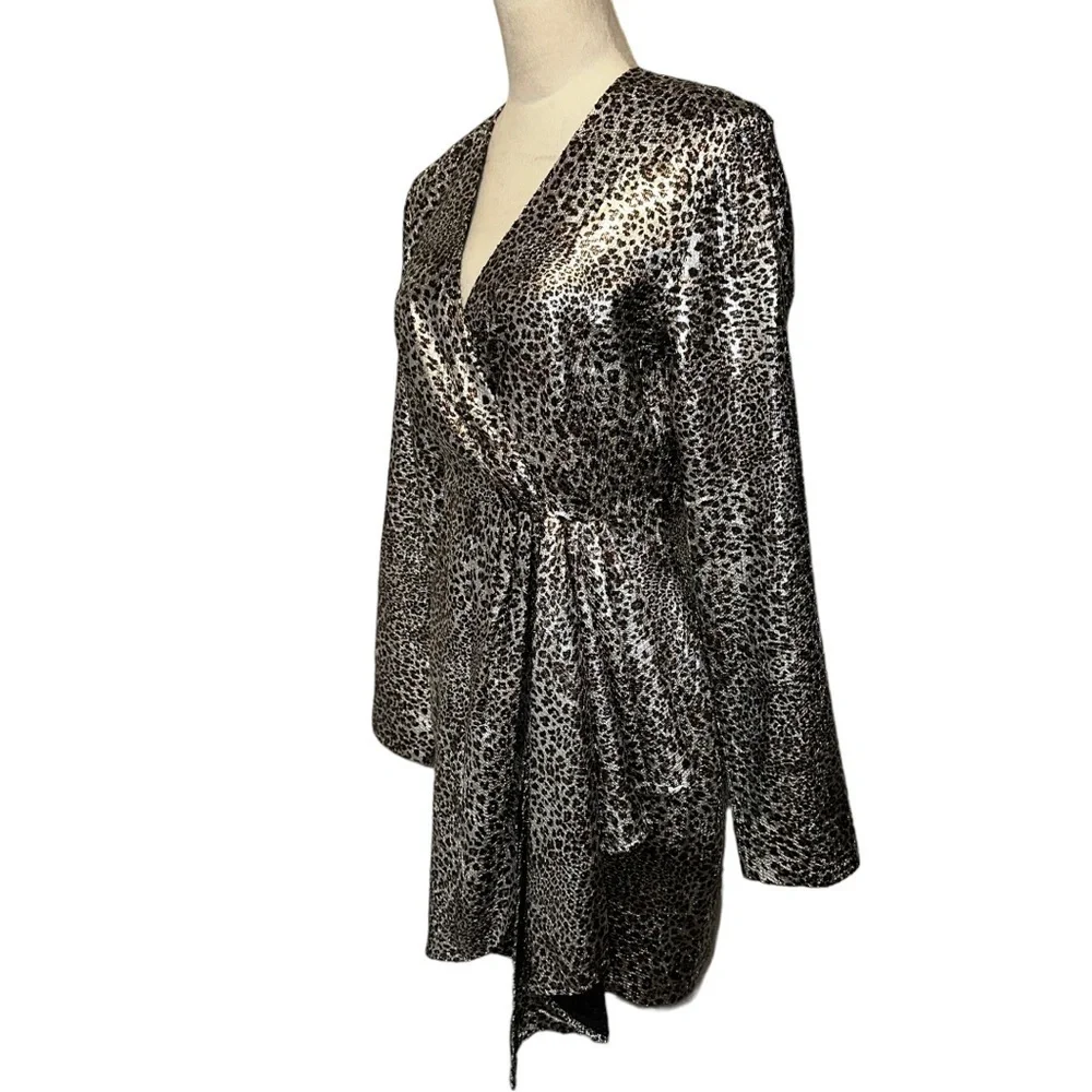 Nwt Ronny Kobo Jerry Leopard Print Cocktail Mini Dress Metallic Silver M - Picture 12 of 17